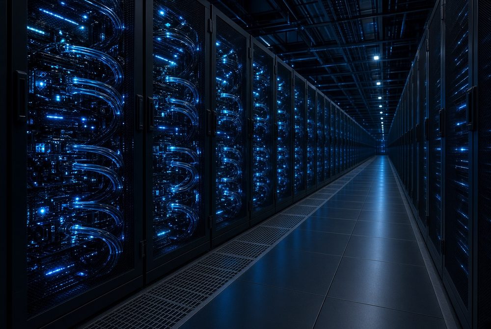 Server room aisle with GPU racks